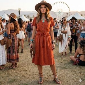 Vintage Fredericks of Hollywood Burnt Orange Suede-Look V-Neck Belted Dress 9